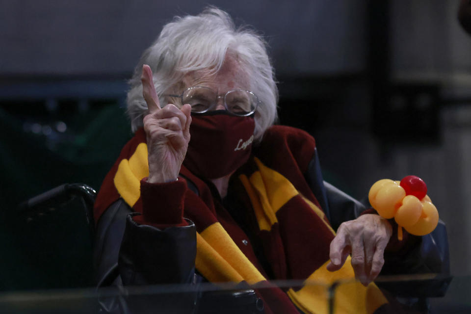 INDIANAPOLIS, INDIANA - MARCH 21: Sister Jean celebrates the Loyola-Chicago Ramblers win over the Illinois Fighting Illini in the NCAA Basketball Tournament second round at Bankers Life Fieldhouse on March 21, 2021 in Indianapolis, Indiana. (Photo by Justin Casterline/Getty Images)