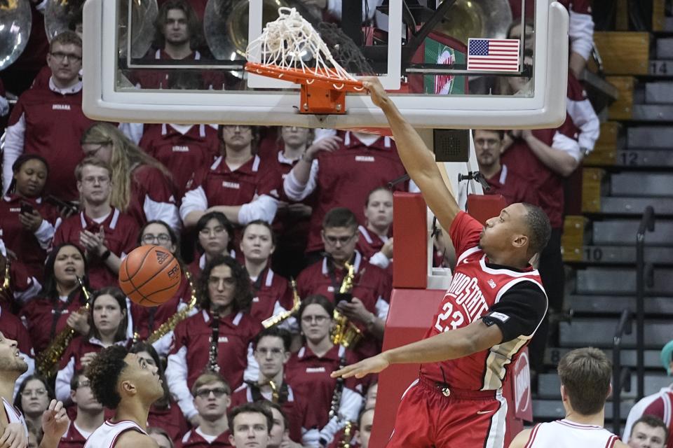 FILE - Ohio State's Zed Key (23) dunks during the second half of an NCAA college basketball game against Indiana, Saturday, Jan. 28, 2023, in Bloomington, Ind. (AP Photo/Darron Cummings, File)