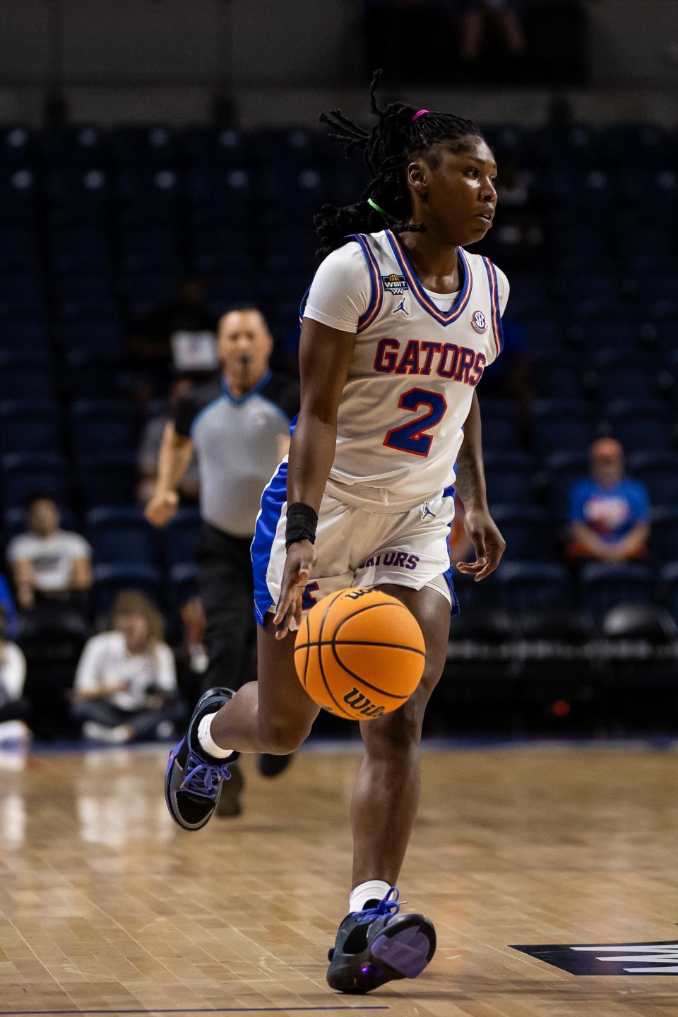Florida Gators guard Aliyah Matharu (2) dribbles the ball against the St. John's Red Storm during the first half at Billy Donovan Court at Stephen C. O'Connell Center in Gainesville, FL on Thursday, March 21, 2024. [Matt Pendleton/Gainesville Sun]