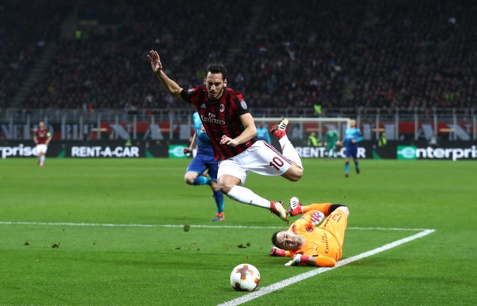 AC Milan’s Hakan Calhanoglu was unlucky not to earn an early penalty