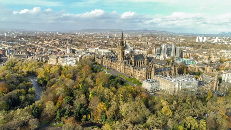 <span class="caption">Glasgow: a world of opportunity.</span> <span class="attribution"><a class="link " href="https://www.shutterstock.com/image-photo/low-level-aerial-image-over-autumn-1223890525" rel="nofollow noopener" target="_blank" data-ylk="slk:TreasureGalore/Shutterstock.com;elm:context_link;itc:0;sec:content-canvas">TreasureGalore/Shutterstock.com</a></span>