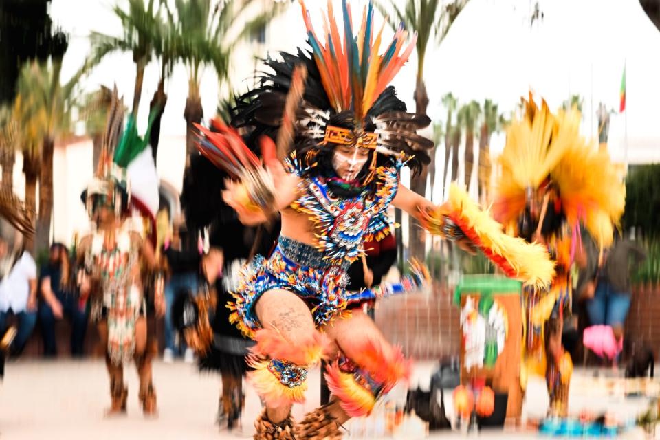 A dancer in a feathered costume jumps in the air.