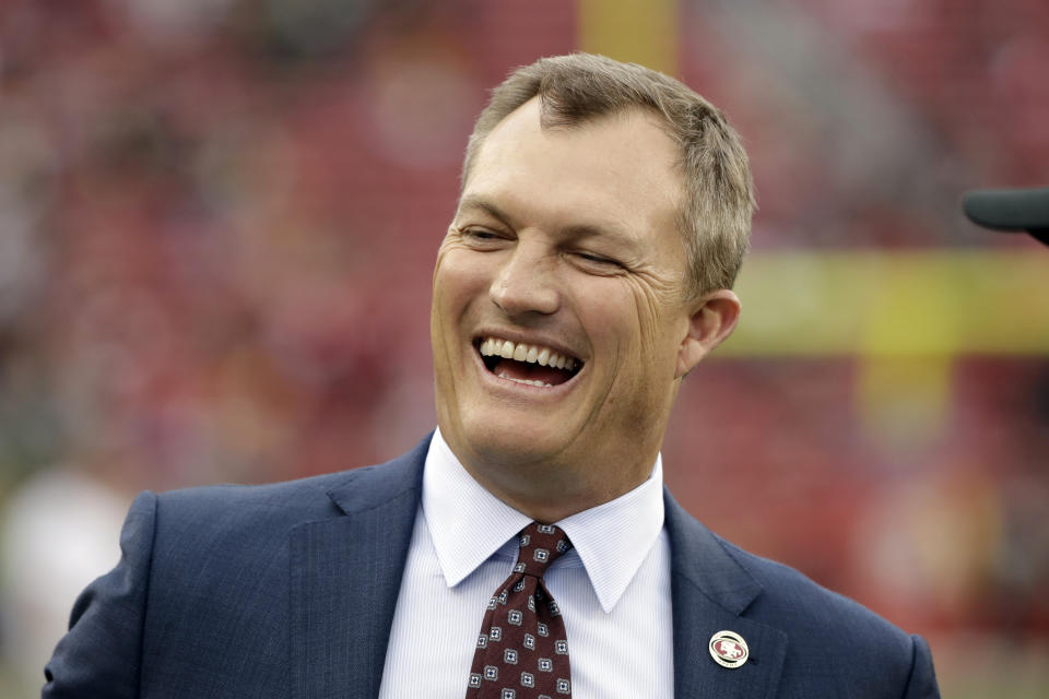 FILE - In this Jan. 19, 2020, file photo, San Francisco 49ers general manager John Lynch laughs before the NFC Championship NFL football game against the Green Bay Packers in Santa Clara, Calif. Lynch is a 2021 finalist for entry into the Pro Football Hall of Fame. (AP Photo/Marcio Jose Sanchez, File)