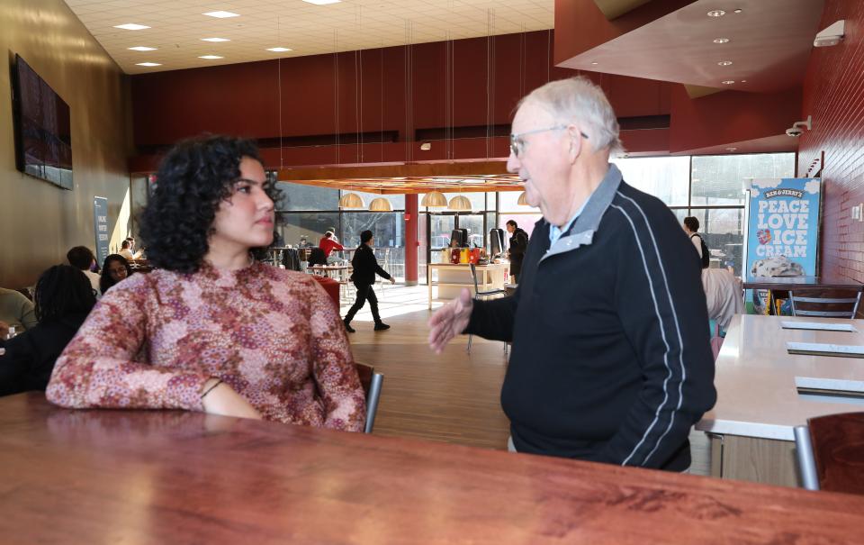 Steven Shelov, M.D., right, a retired physician chats with Medha Chandwani, a sophomore and president of the premed club at Purchase College SUNY in the HUB dining room at the school, Nov. 30, 2023. Steven, who will be living in the new Broadview-Senior Living at Purchase College, mentors undergraduates pursing a medical degree.