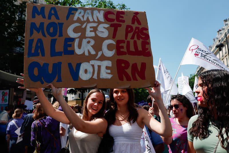 Feminist march to protest against the far-right ahead of early legislative elections, in Paris