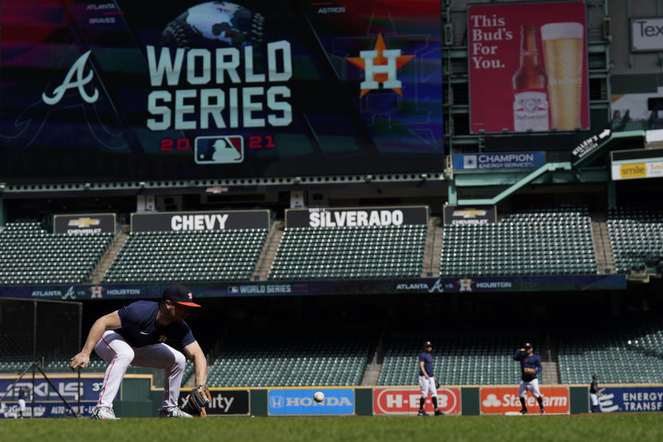 Houston Astros third baseman Alex Bregman warms up during batting practice Monday, Oct. 25, 2021, in Houston, in preparation for Game 1 of baseball's World Series tomorrow between the Houston Astros and the Atlanta Braves. (AP Photo/David J. Phillip)