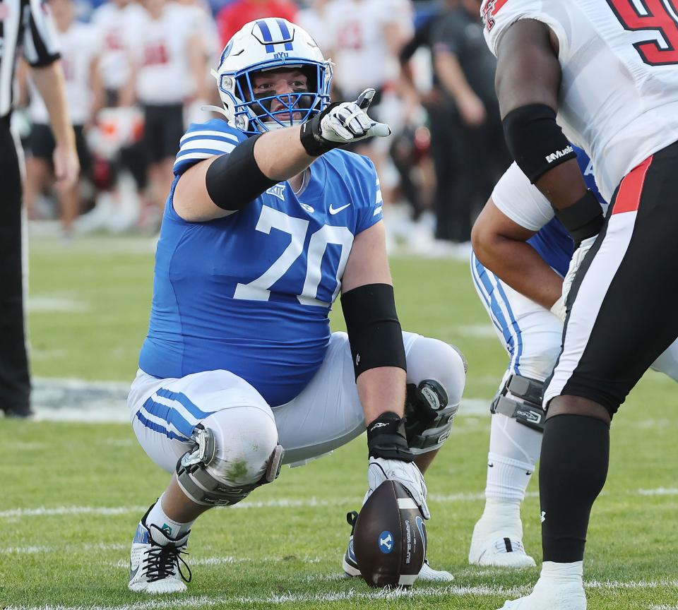 Brigham Young Cougars offensive lineman Connor Pay (70) lines up against the Texas Tech Red Raiders in Provo on Saturday, Oct. 21, 2023. BYU won 27-14. | Jeffrey D. Allred, Deseret News