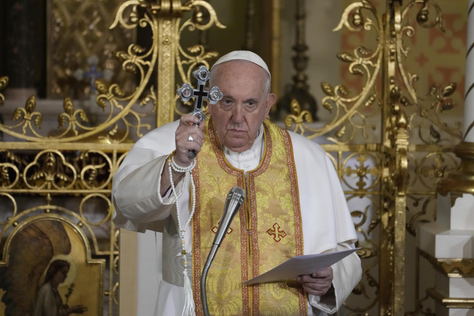 Pope Francis meets a Greek Catholic community in the "Protection of the Mother of God" church, in Budapest, Hungary, Saturday, April 29, 2023. The Pontiff is in Hungary for a three-day pastoral visit. (AP Photo/Andrew Medichini)