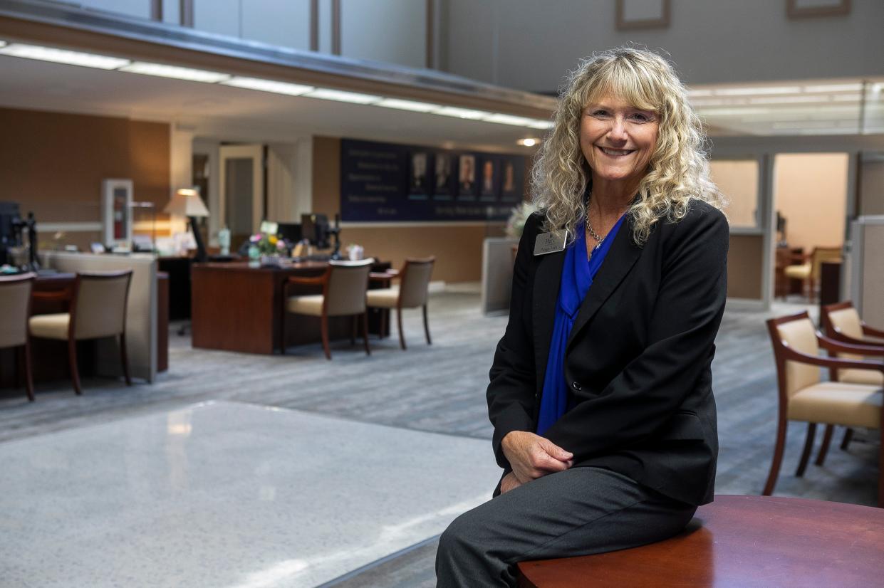 Peggy Hall, customer service representative and mortgage loan assistant, inside Park National Bank on May 6, 2024, in Lancaster, Ohio.  Hall recently won the Chamber of Commerce's Tammy Nasser Award.