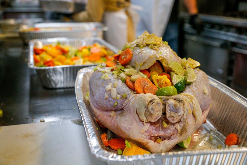 Turkeys are stuffed for the annual Turkey Tango to feed Homeless Alliance at Francis Tuttle Culinary Arts in Oklahoma City, on Monday, Nov. 20, 2023.