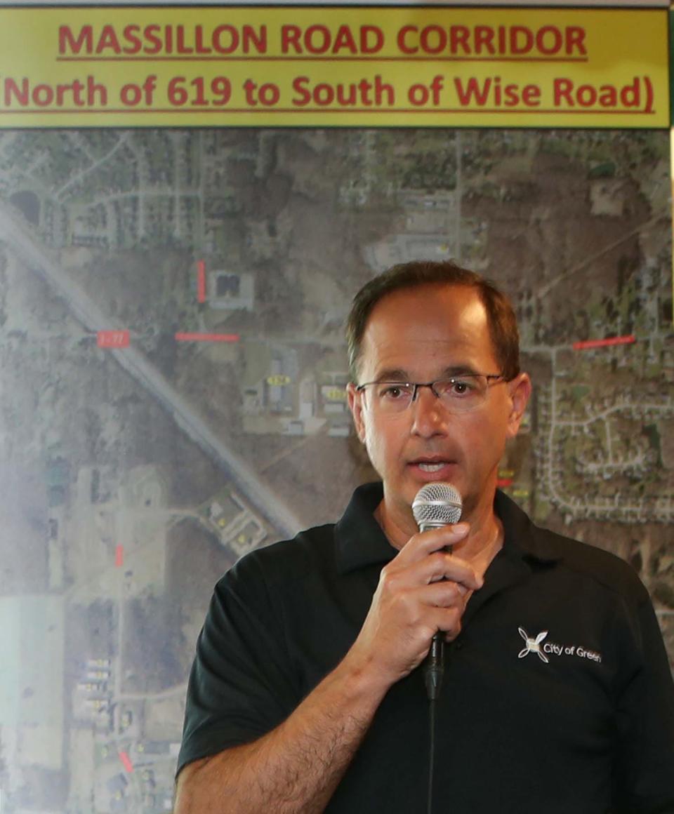 Green Mayor Gerard Neugebauer speaks during the Massillon Road South Improvement Project Business Roundtable on Wednesday.