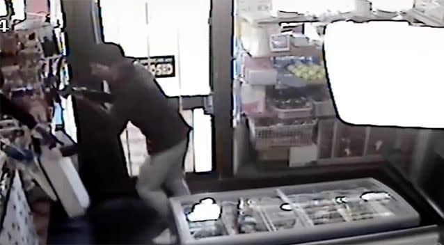 One robber threw the till over the counter, but the other man could not catch it. Source: Victoria Police