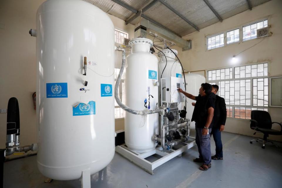 A long-term solution is for hospitals to build their own oxygen plants, like this one provided by the World Health Organization at a hospital in Sana’a, Yemen. But this is an expensive option.