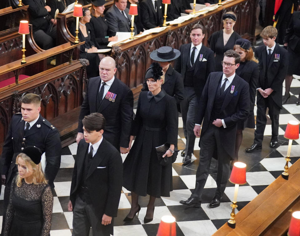 <p>Members of the Royal Family (left to right, from front) Arthur Chatto and Daniel Chatto, Mike Tindall and Zara Tindall, Princess Eugenie and Jack Brooksbank , Princess Beatrice and Edoardo Mapelli Mozzi, Lady Louise Windsor and James, Viscount Severn arrive at the state funeral of Queen Elizabeth II. (PA)</p> 