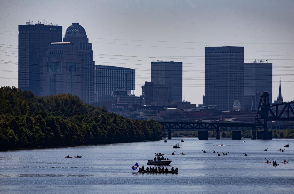 Paddlers made their way down the Ohio River to the McAlpine Locks during the Labor Day Hike, Bike & Paddle in Louisville, Ky. on Monday, Sept. 4, 2023.