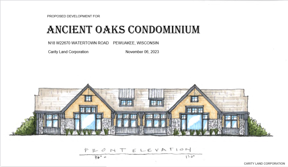 This rendering illustrates what a quad-unit building in the Ancient Oaks Condominium development will look like along Watertown Road and North Avenue in the city of Pewaukee. The development will eventually consist of 25 buildings totaling 96 units.