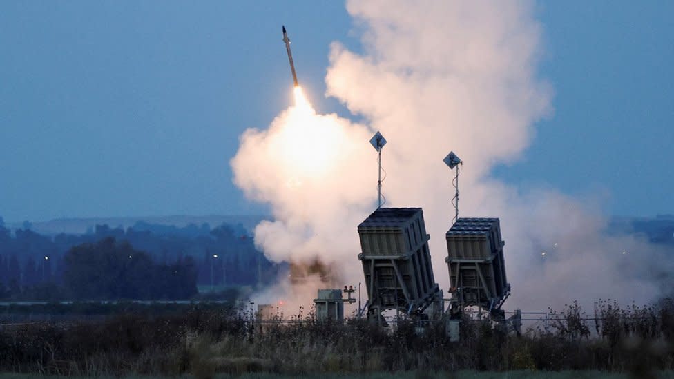 An Israeli Iron Dome air defence battery fires an interceptor missile as rockets are fired from Gaza, in Sderot, Israel (10 May 2023)