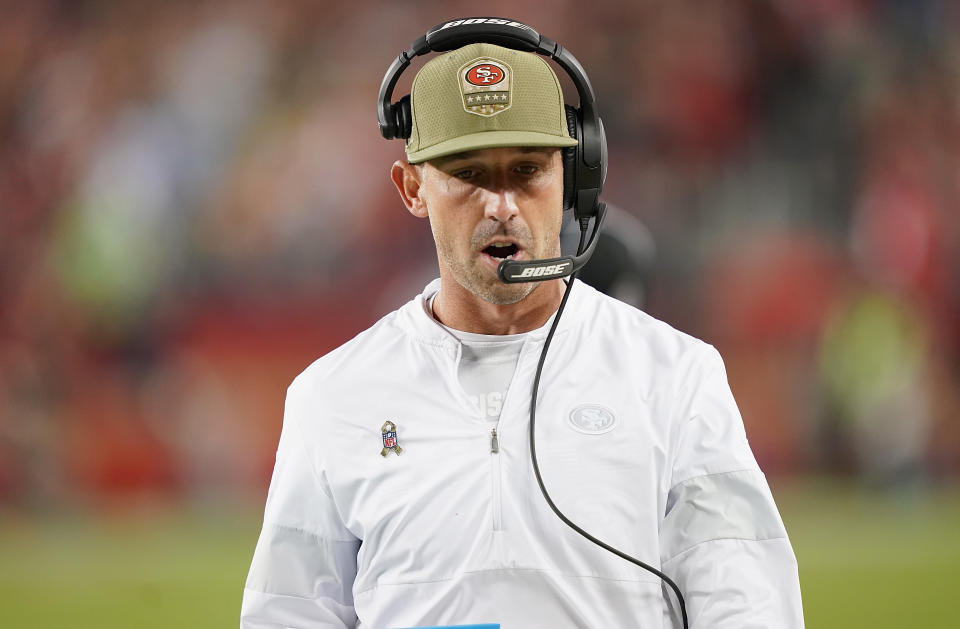 Coach Kyle Shanahan of the San Francisco 49ers stayed aggressive in overtime against the Seahawks. (Photo by Thearon W. Henderson/Getty Images)