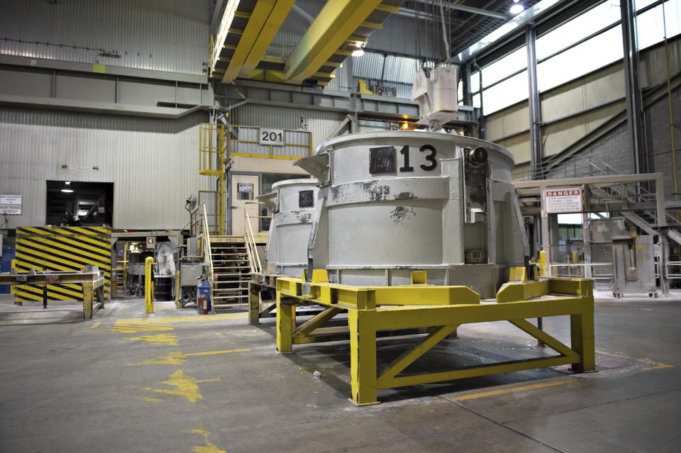 Aluminum smelters are seen inside the Alouette aluminum plant in Sept-Iles, Quebec, on May 21, 2019. The Trump administration said Tuesday, Spet. 15, 2020, it is dropping taxes on Canadian aluminum, easing tensions with a close ally and preempting Canada’s plans to impose retaliatory sanctions. (Jacques Boissinot/The Canadian Press via AP)