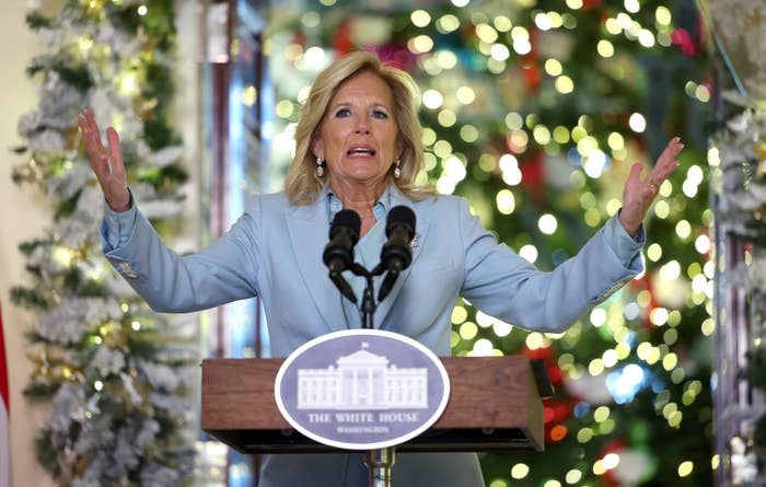 Closeup of Jill Biden speaking at a podium