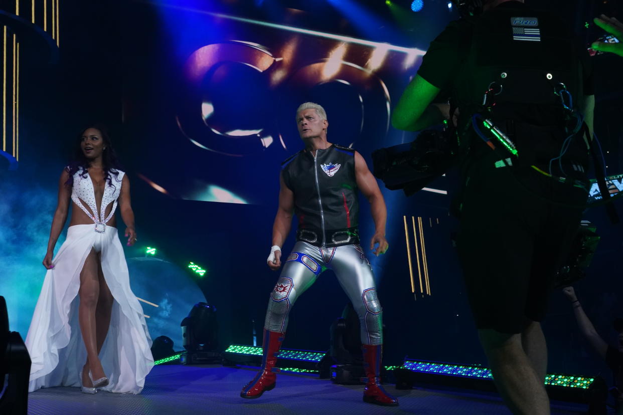 Cody and Brandi Rhodes make their entrance during AEW "Dynamite." (Photo credit: All Elite Wrestling)