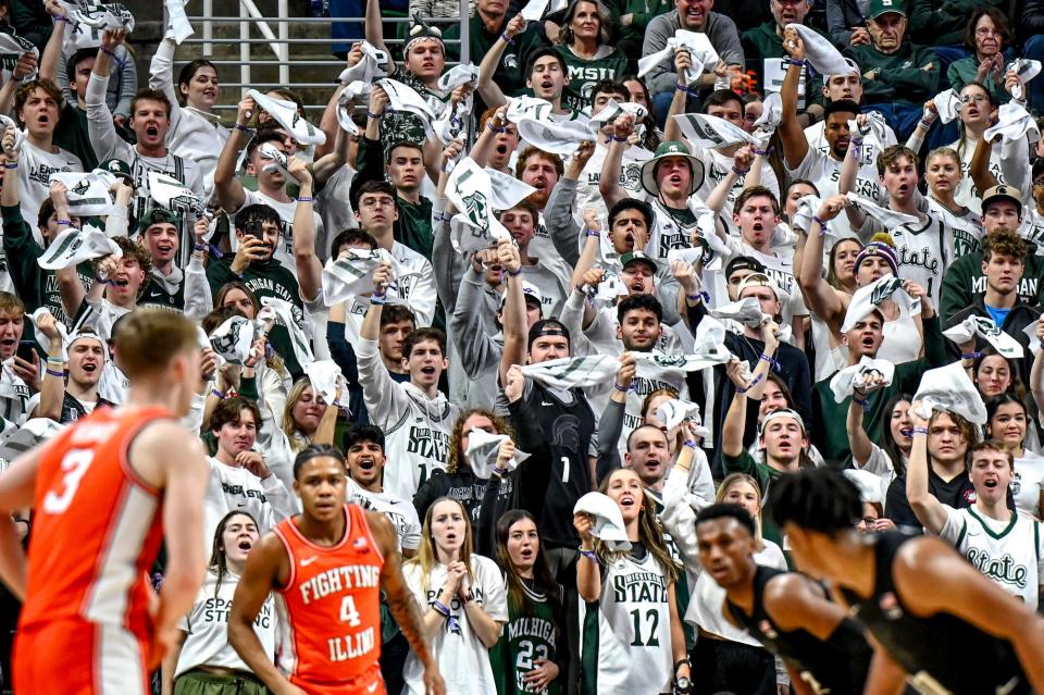 Izzone fans cheer during Michigan State's game against Illinois on Saturday, Feb. 10, 2024, at the Breslin Center in East Lansing.