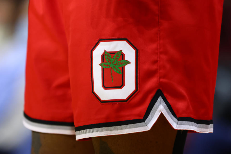 PISCATAWAY, NJ - FEBRUARY 09: The Ohio State Buckeyes logo worn on the uniform shorts during a game against the Rutgers Scarlet Knights at Jersey Mike's Arena on February 9, 2022 in Piscataway, New Jersey. Rutgers defeated Ohio State 66-64. (Photo by Rich Schultz/Getty Images)