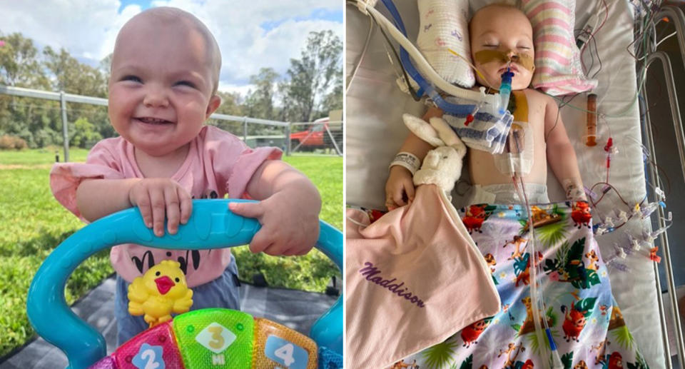 Maddy is seen smiling outside of the hospital and sedated in a hospital bed during treatment for her rare condition.