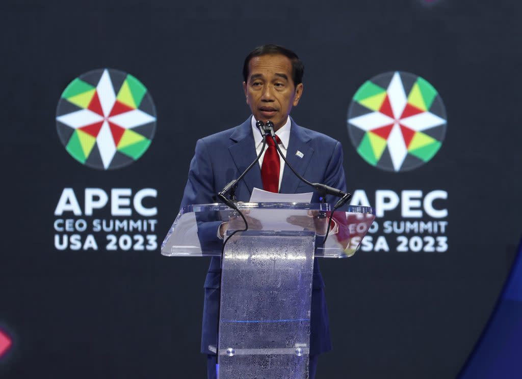 SAN FRANCISCO, CALIFORNIA - NOVEMBER 16: Indonesian President Joko Widodo speaks during the APEC CEO Summit at Moscone West on November 16, 2023 in San Francisco, California. The APEC summit is being held in San Francisco and runs through November 17. (Photo by Justin Sullivan/Getty Images)