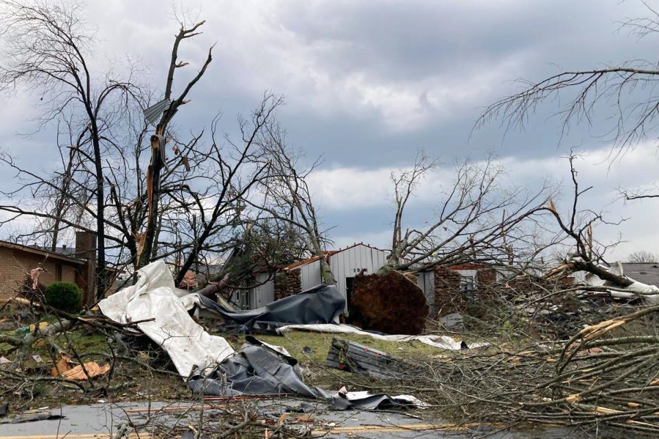 A home is damaged and trees are down after a tornado swept through Little Rock, Ark., Friday, March 31, 2023 (AP)