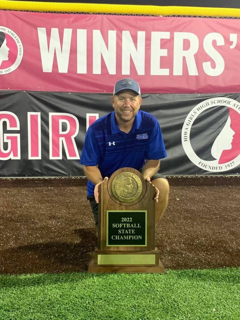 Twin Cedars' Zack Dunkin was named the All-Iowa softball coach of the year for 2022 after leading the Sabers to their first state championship.