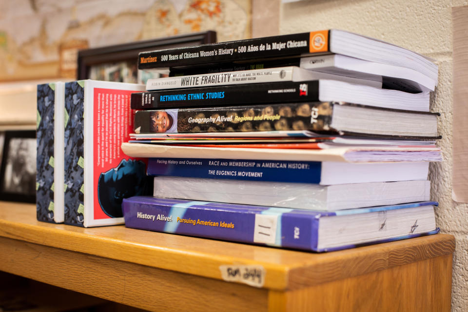 Books in Elizabeth Close's high school ethnic studies class in Austin, Texas. (Liz Moskowitz for NBC News)