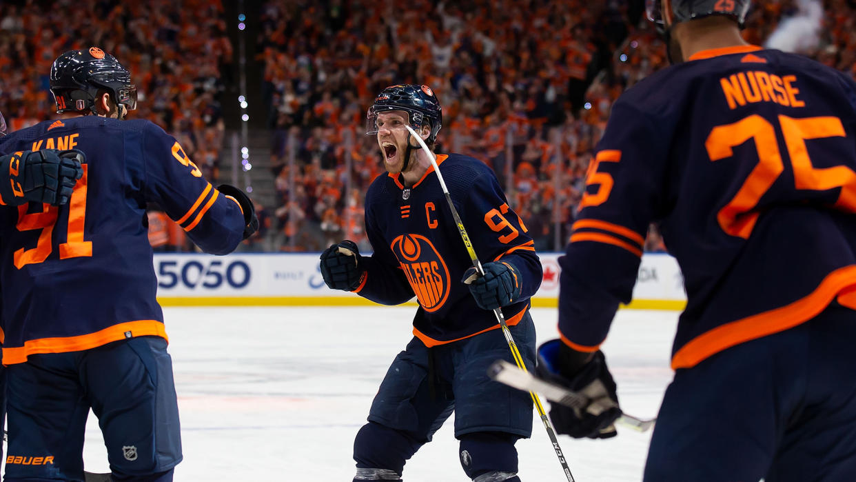 Connor McDavid had another multi-point night as the Oilers cruised past the Flames. (Photo by Codie McLachlan/Getty Images)