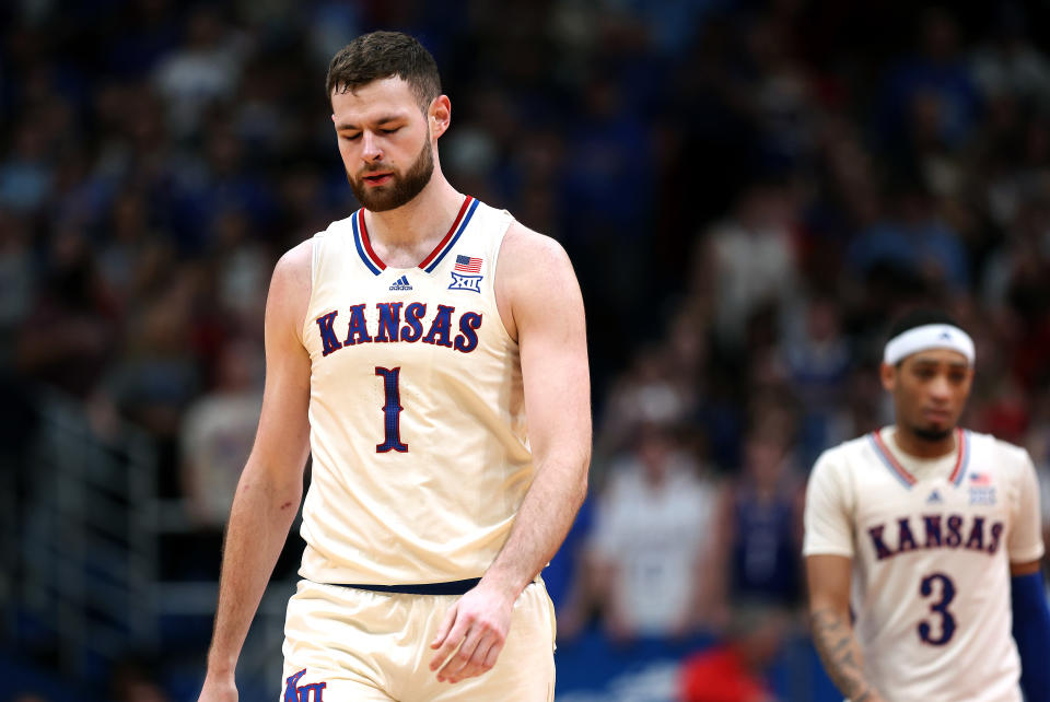 Hunter Dickinson and the Jayhawks lost a stunner at home to BYU. (Jamie Squire/Getty Images)