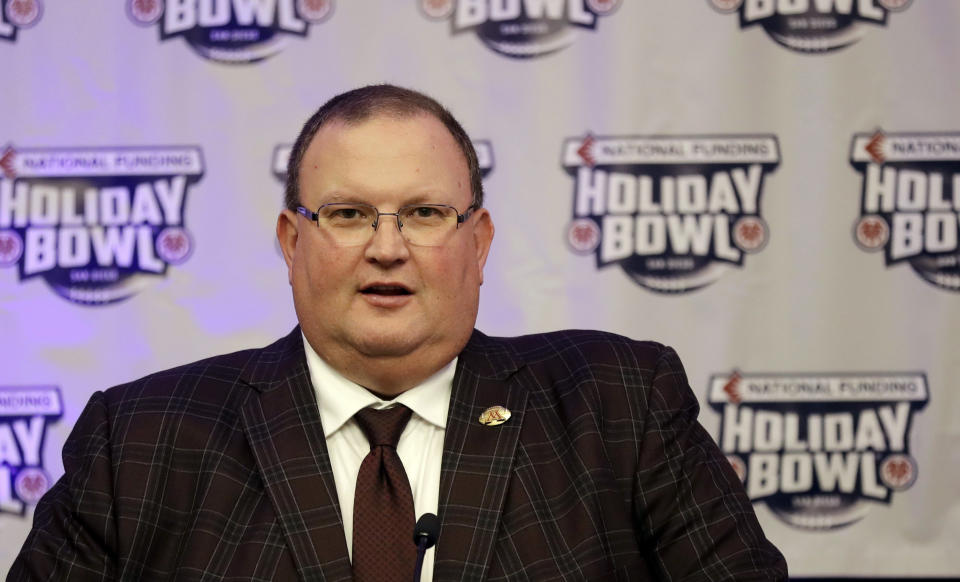 Minnesota head coach Tracy Claeys speaks during a news conference for the upcoming Holiday Bowl NCAA college football game Wednesday, Dec. 14, 2016, in San Diego. Minnesota faces Washington State in the Holiday Bowl Dec. 27. The 10 Minnesota football players who were suspended this week following a fresh investigation into an alleged sexual assault at an off-campus apartment in September will not play in the Holiday Bowl. (AP Photo/Gregory Bull)