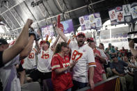 Kansas City Chiefs fans cheer before the second round of the NFL football draft Friday, April 29, 2022, in Las Vegas. (AP Photo/Jae C. Hong)