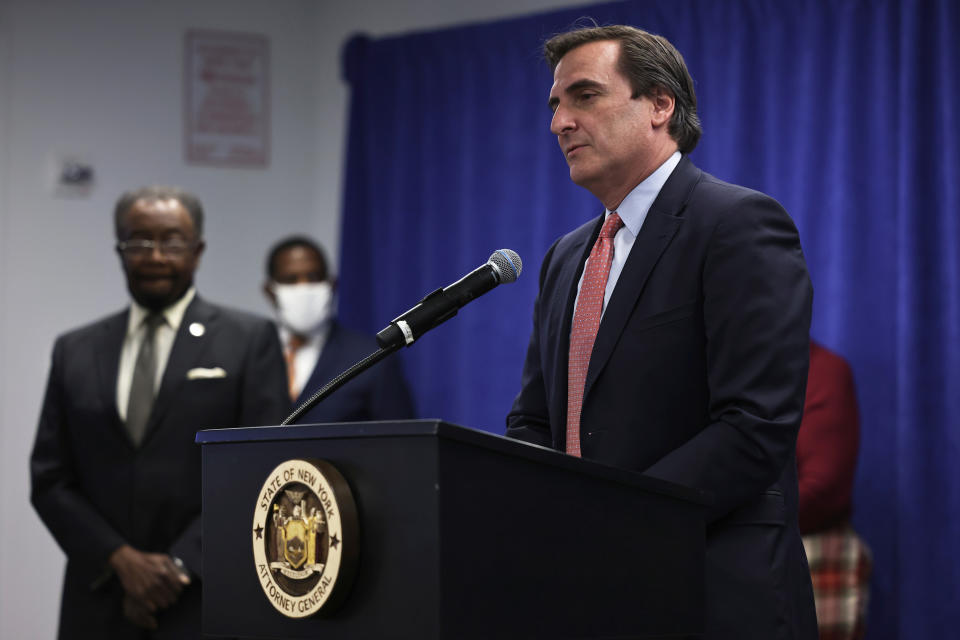 Michael Gianaris at a news conference in New York City in 2021.