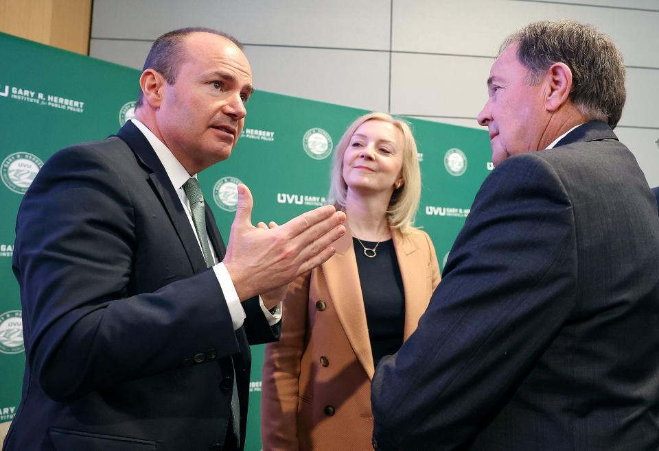 Sen. Mike Lee, R-Utah, former British Prime Minister Liz Truss and former Gov. Gary Herbert chat after a Gary R. Herbert Institute for Public Policy Forum at Utah Valley University in Orem on Tuesday, Feb. 20, 2024. | Kristin Murphy, Deseret News