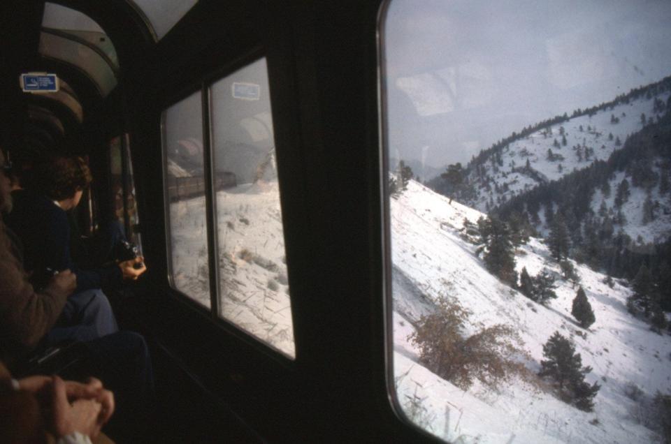 view of snow from window on Amtrak train in 1984