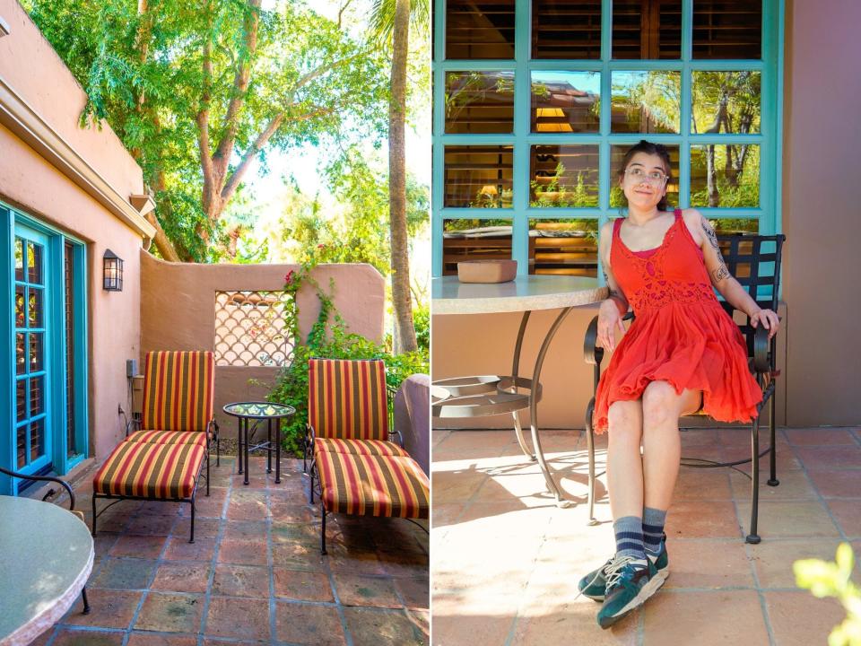 Two images. Left: An adobe patio with two red and yellow striped lounge chairs. The author in a red dress its on the same patio on a chair next to a table.