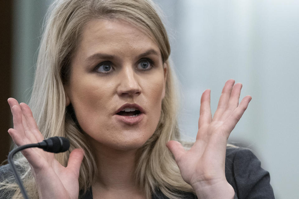 Former Facebook employee Frances Haugen speaks during a hearing of the Senate Commerce, Science, and Transportation Subcommittee on Consumer Protection, Product Safety, and Data Security, on Capitol Hill, Tuesday, Oct. 5, 2021, in Washington. (AP Photo/Alex Brandon)