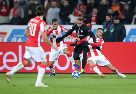 Soccer Football - Champions League - Group Stage - Group C - Crvena Zvezda v Paris St Germain - Rajko Mitic Stadium, Belgrade, Serbia - December 11, 2018 Paris St Germain's Neymar in action with Crvena Zvezda's Goran Causic REUTERS/Marko Djurica