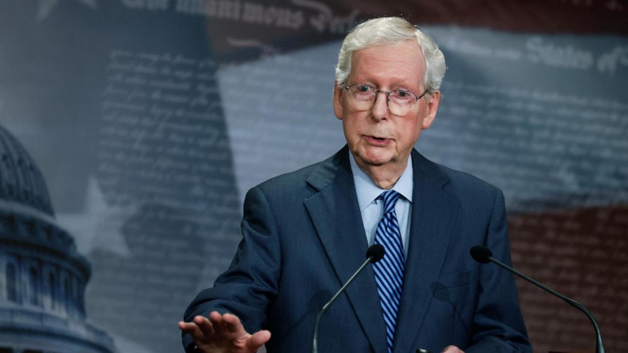 PHOTO: Senate Minority Leader Mitch McConnell speaks during a press conference as the U.S. Senate begins consideration of a $95 billion Ukraine-Israel aid package, on Capitol Hill, April 23, 2024.  (Julia Nikhinson/Reuters)