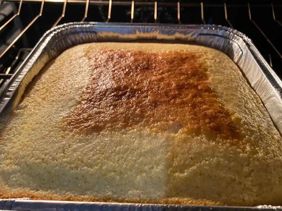 Simple Truth Organic's cornbread baking in the oven, but it developed a strange brown diamond on top