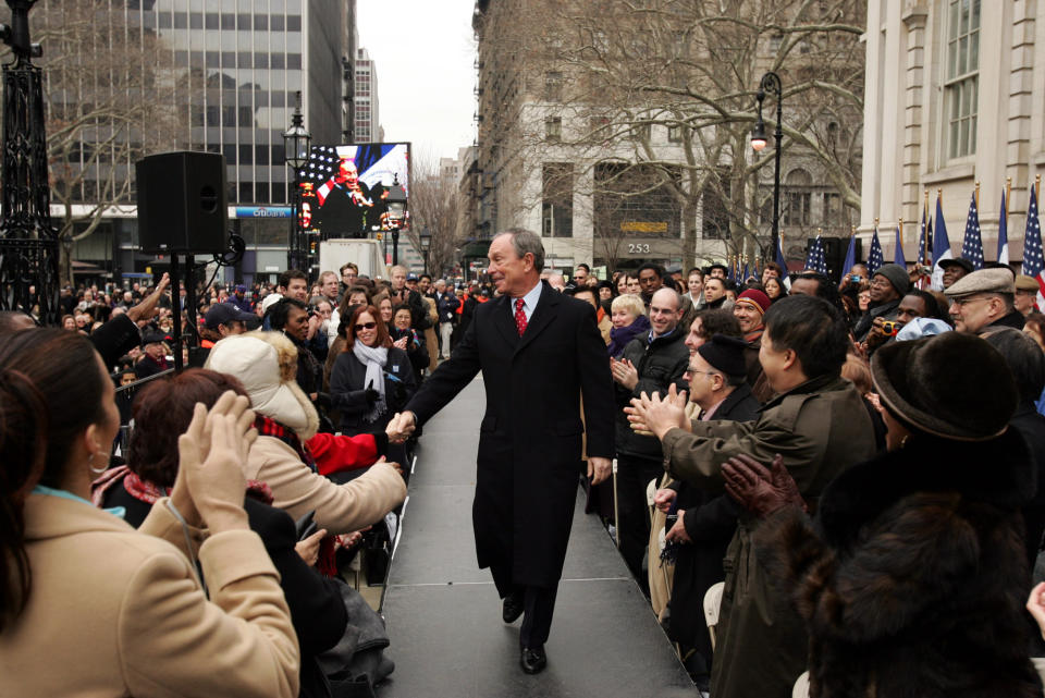 File-This photo from Sunday Jan. 1, 2006, shows New York City Mayor Michael Bloomberg arriving for his 2nd inaugural swearing in ceremony at City Hall. Over 12 years as mayor, including a third term beyond the previous two term limit for elected city officials, Bloomberg governed the nation's largest city with a focus on functionality and a vision of New York rebounding from the trauma of 9/11. (AP Photo/Ozier Muhammad, Pool, File)