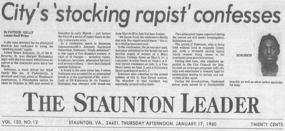 The arrest and confession of the stocking mask rapist is announced in The Staunton Leader of January 17, 1980.