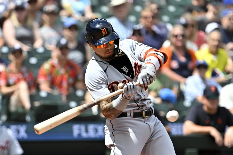 Javier Baez of the Detroit Tigers \ba during the second inning against the Seattle Mariners at T-Mobile Park on July 16, 2023 in Seattle, Washington.