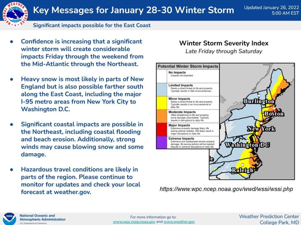 A look at possible impacts of a winter storm, slated to be in the Cape Cod area on Friday night (Jan. 28, 2022) into Saturday.