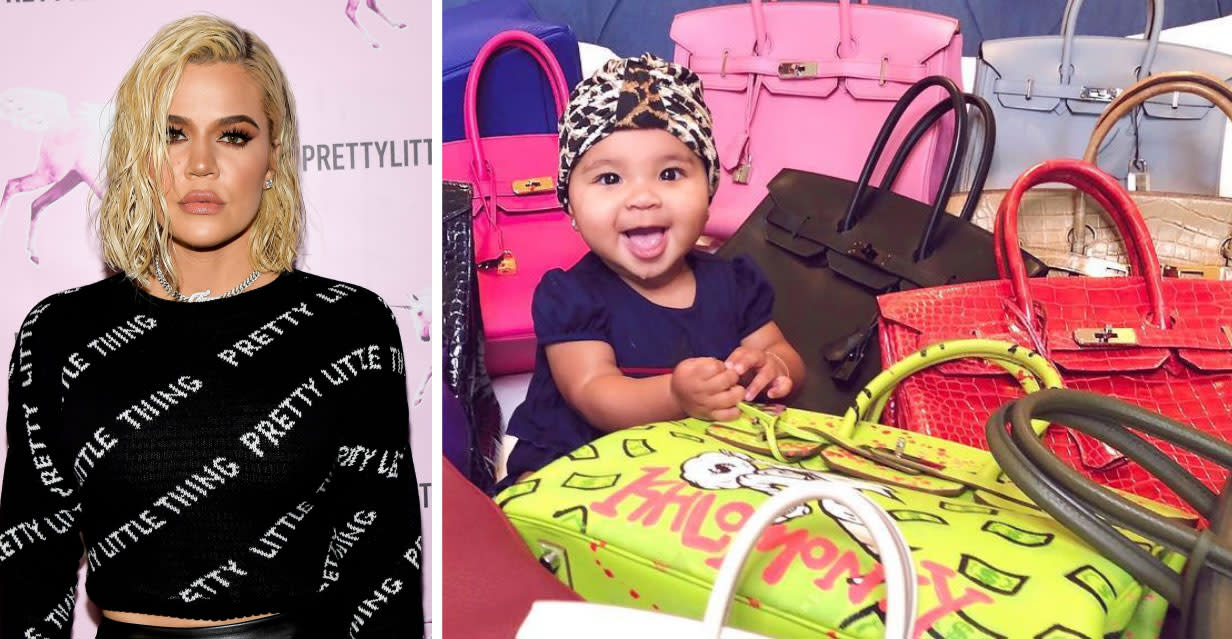 Khloe Kardashian has come under fire for sharing a picture of her daughter True sitting amongst her designer bags (Getty/ Instagram)