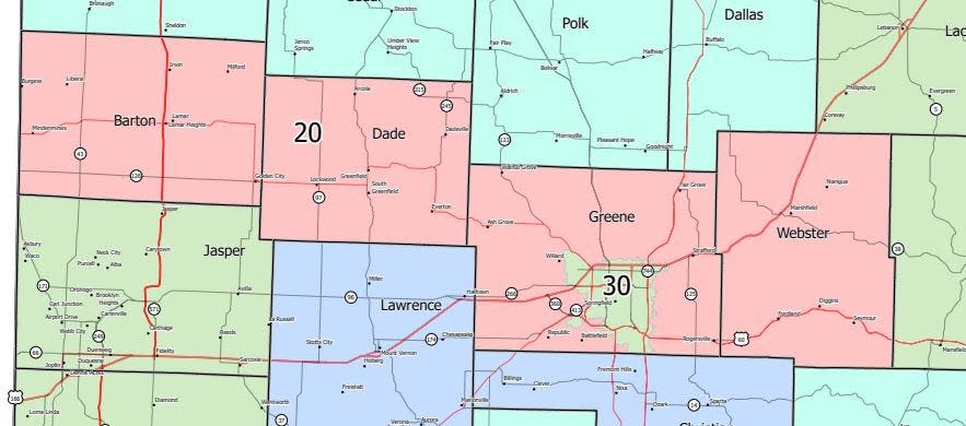 State Senate District 20 contains Greene County outside Springfield, Webster County, Dade County and Barton County.